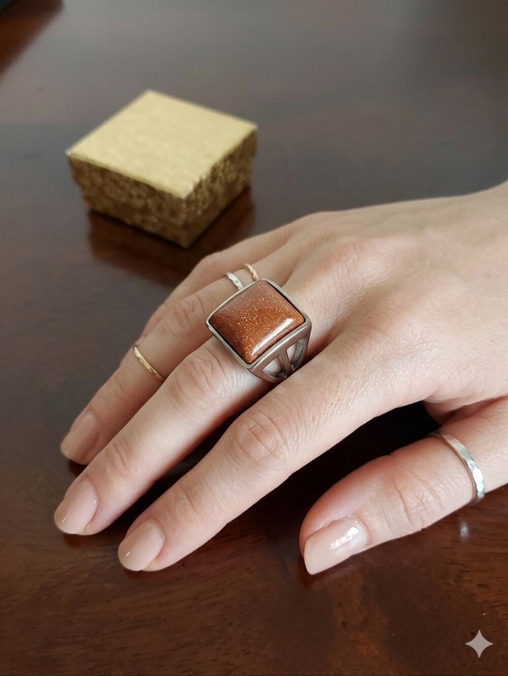 Square Goldstone‎ Statement Ring - Silver Setting
